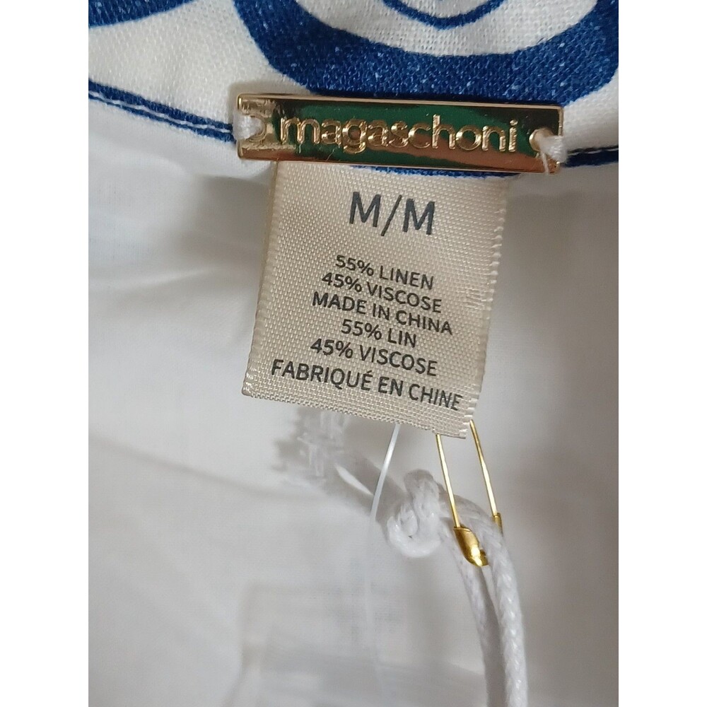 Magaschoni Linen Maxi Dress Puff Sleeve Blue White Floral Medium Lined Resort - Picture 2 of 7